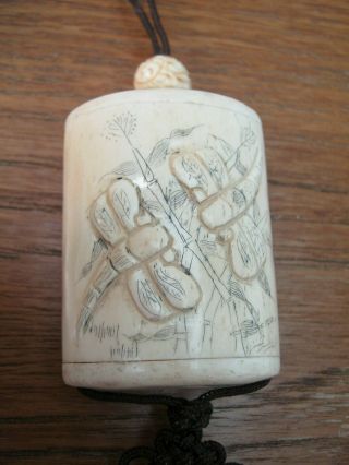 Hand Carved Bovine Bone Inro With Scenes Of Dragonfly & Carved Ojime Beads