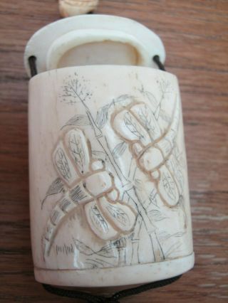 Hand Carved Bovine Bone Inro With Scenes Of Dragonfly & Carved Ojime Beads 2