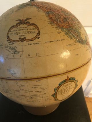 Vintage Replogle 12 Inch World Classic Series Globe Raised Relief Map Metal Base