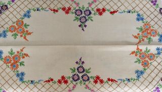 Vintage Linen Hand Embroidered Tablecloth Pretty Garden Flowers On Trellis