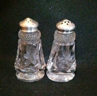 Antique Cut Crystal With Sterling Silver Cap Salt & Pepper Shakers Set