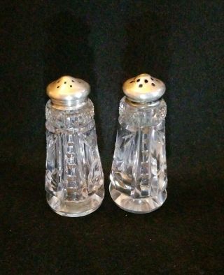 Antique Cut Crystal with Sterling Silver Cap Salt & Pepper Shakers Set 2