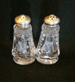 Antique Cut Crystal with Sterling Silver Cap Salt & Pepper Shakers Set 3
