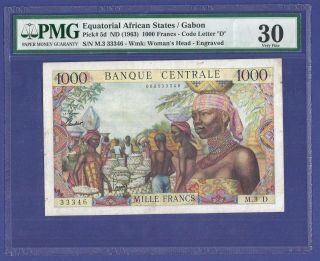 Rare 1000 Francs 1963 Banknote From Gabon Pmg Graded.  Huge Value