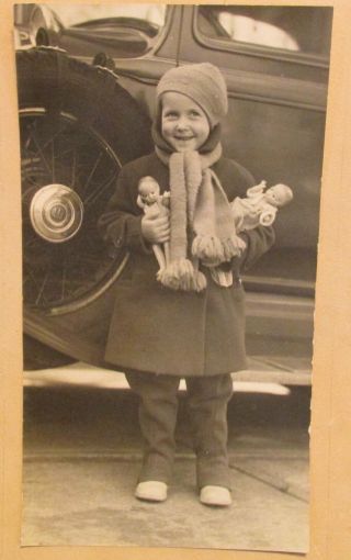 Vtg 8 " By 14 " Black & White Photograph Smiling Girl W/patsy Dolls Look