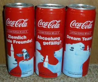 Rare Coca - Cola Coke X - Mas Polar Bear 3 Can Set Cans Germany
