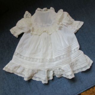 Antique 1900 White Doll Dress With Lace,  Tuck,  Embroidery 12 "