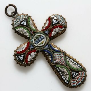 Very Rare - 19 Century Hand Made Italy Bronze Cross With Colored Stones