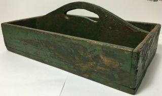 Antique Wooden Green Painted Knife Tray Cutlery Kitchen Primitive Box Tote