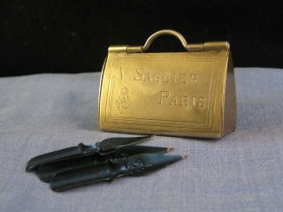 Rare Brass Miniature Doctors Bag Dip Pen Nib Box Holder Perry Tin Saglier 1878