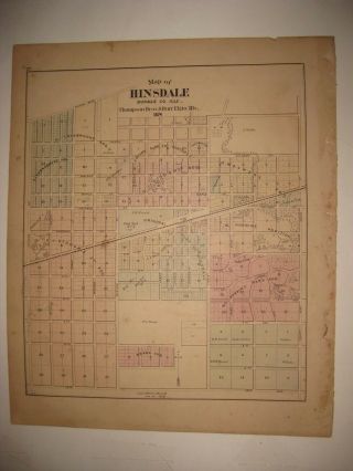 Vintage Antique 1874 Hinsdale Dupage County Illinois Handcolored Map Nr