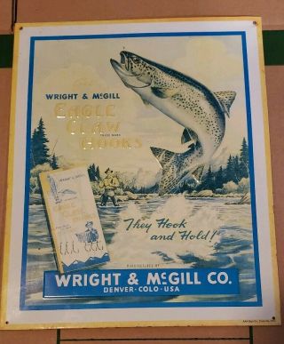 Wright & Mcgill Eagle Claw Hooks Fishing Metal Store Sign Denver Colorado