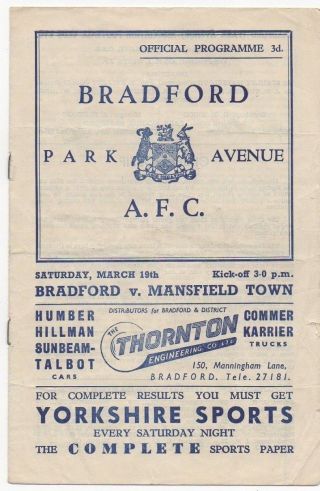 Bradford Park Avenue V Mansfield Programme 19/03/1955.  Division 3 North.  Rare.