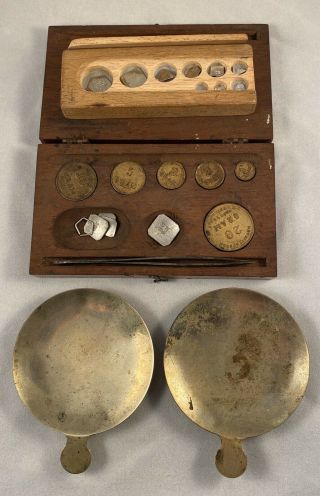Antique Vintage Apothecary Pharmacy Wood Box Weight Set H.  Troemner & Other