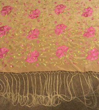 Fine Antique Chinese Pink Flowers Silk Embroidery Textile Panel