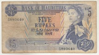 Mauritius 5 Rupees 1967 Issue Banknote P30 In Vg Rare