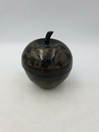 Vintage Japanese? Black Lacquer Ware Round Apple Shaped Trinket Box Gold Overlay