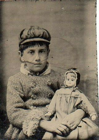 63388.  Rare Circa 1870s Mini Tintype Photo Of Girl & Favorite China Head Doll