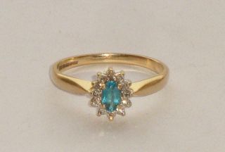 Rare Unusual Antique Vintage London Blue Topaz & Diamond Gold Ring