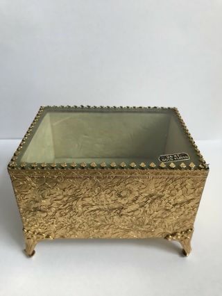 Vintage Antique 24k Gold Plated,  Glass Top,  Footed Jewelry Box W/ Yellow Velvet.