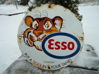 Rare Old 1957 Esso Tiger Gasoline Porcelain Enamel Gas Pump Sign