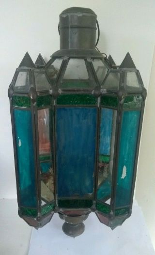 Rare Large Antique Brass And Stained Glass Hanging Lamp For Restoration