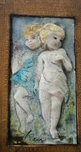 Vintage Italian Majolica Ceramic Tile Embossed Emanuele Terzani Rare Boy & Girl