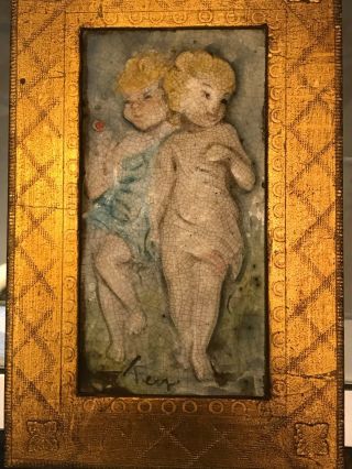 Vintage Italian Majolica Ceramic Tile Embossed Emanuele Terzani RARE Boy & Girl 2