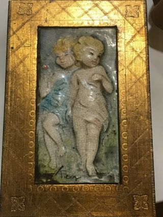 Vintage Italian Majolica Ceramic Tile Embossed Emanuele Terzani RARE Boy & Girl 3