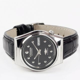 Vintage Citizen Automatic Analog Wrist Watch Leather Strap Black Dial 4 - 038908 K