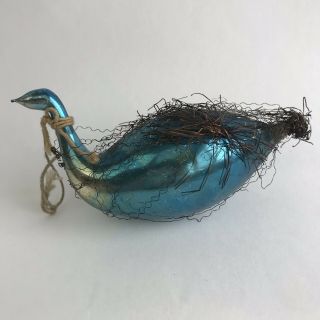 Antique Victorian Hand Blown Glass Ornament Silver Tinsel Wire Wrapped Blue Bird