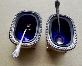 2 Antique Baker Bros.  Silver Open Salt Cellars Cobalt Glass Inserts W/ 2 Spoons