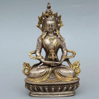 Collect Old Miao Silver Gilding Hand - Carve Mahayana Bodhisattva Buddhism Statue