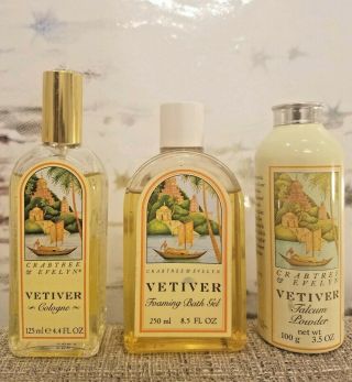 Rare Vintage Crabtree And Evelyn Vetiver Set: Cologne,  Bath Gel,  And Powder 1986