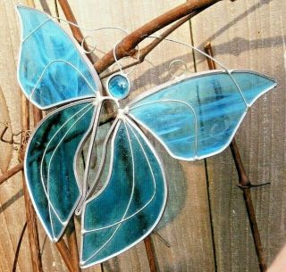 Vintage Handmade Stained Glass Blue Butterfly Window Hanging Sun Catcher