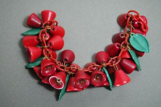 Vintage Rare Red Celluloid Chain Bracelet With Wood Bell Charms