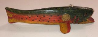 Ice Fishing Wood Bass Trout Decoy Lure Hand Carved Folk Art Jim Stangland 8.  5”