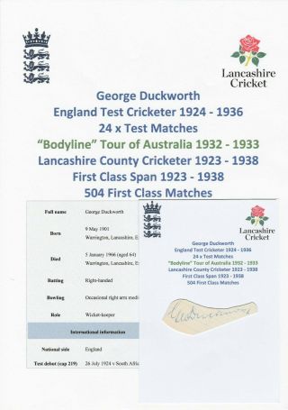 George Duckworth England Cricketer 1924 - 36 Bodyline Tour Rare Autograph