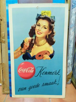 Coca Cola Cardboard Sign Belgium 50s Pin Up Rare