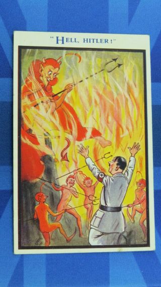 Rare Ww2 Military Comic Postcard Anti Hitler Hell Devil Satan Lucifer Demon