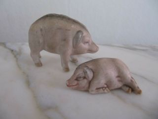 2 Antique German Pink Pig Figurine Miniature Bisque Farm Animal Doll Pet Germany