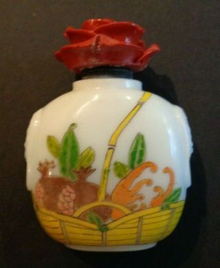 Chinese Snuff Bottle - Hand Enameled Glass With Custom Lacquer Top And Spoon