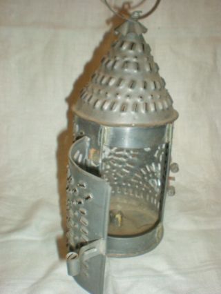 Primitive Punched Tin Hanging Lantern Candle Holder Early Lighting