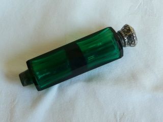 Antique Victorian Green Glass Double Ended Perfume Bottle 1 Silver Cap Missing
