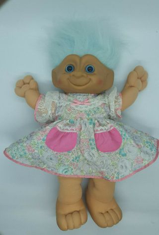 Vintage Large 12 " Treasure Troll Plush Doll Sky Blue Hair Blue Eyes