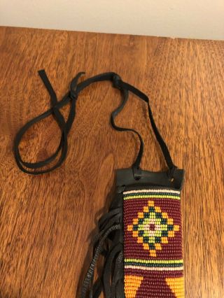 VINTAGE AUTHENTIC NATIVE AMERICAN BEADED LEATHER KNIFE SHEATH 6.  25” RARE 3