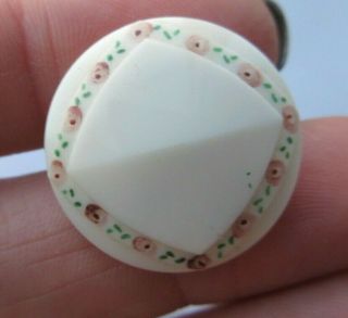 Elegant Antique Vtg Victorian White Glass Button W/ Pink Roses 7/8 " (m)