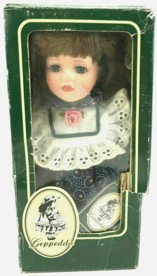 Vintage Geppeddo Porcelain Doll In Blue Rose Print Cotton Dress - Box