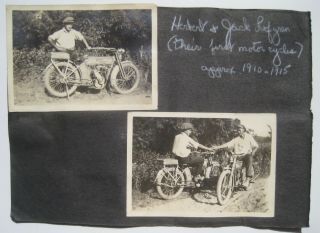 2 Old 1910s Harley Davidson Motorcycle Snapshot Photos; Lofgren Boys; Rare Image