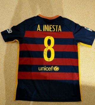 Rare Andres Iniesta Signed Barcelona Shirt Xl Boys Spain